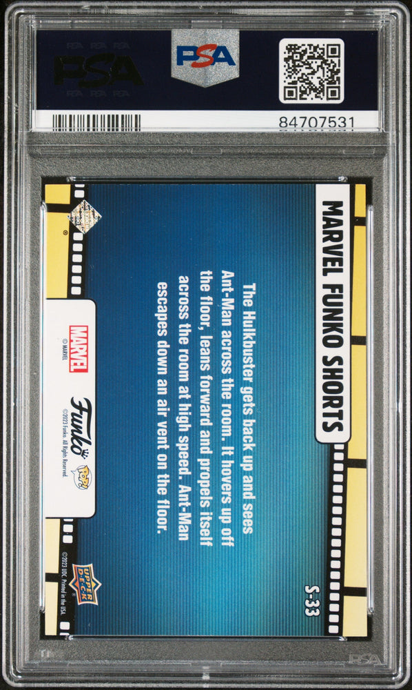 2023 UPPER DECK FUNKO POP MARVEL  SHORTS ANTMAN/HULKBUSTER SHORTSCONFETTI BOMB #S33  PSA 9 (Online Order Only)