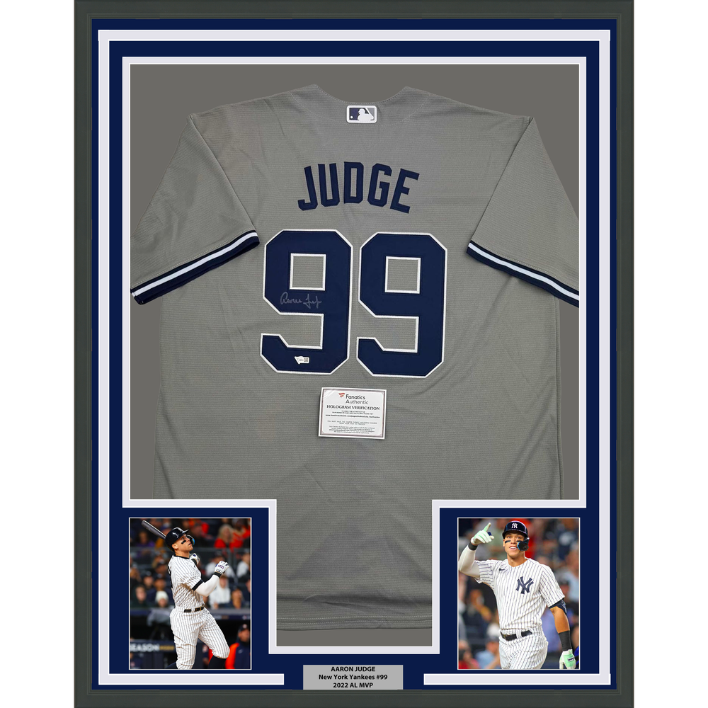 Framed Autographed/Signed Aaron Judge 35x39 New York Yankees Authentic Majestic Grey Baseball Jersey Fanatics COA