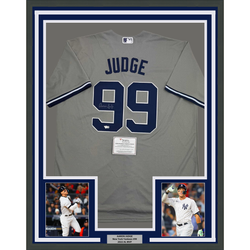 Framed Autographed/Signed Aaron Judge 35x39 New York Yankees Authentic Majestic Grey Baseball Jersey Fanatics COA