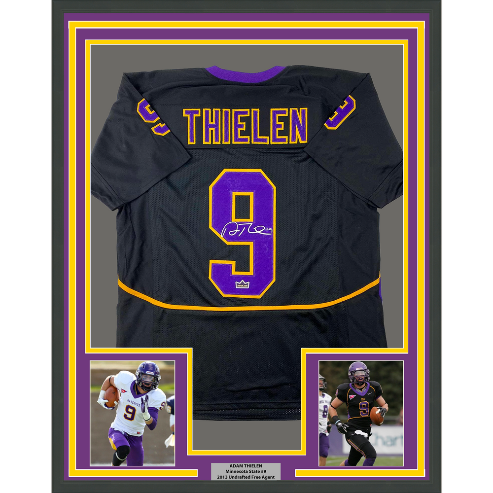 Framed Facsimile Autographed Adam Thielen Minnesota 35x39 State Black Reprint Laser Auto College Football Jersey Size Men's XL (ONLINE ORDER ONLY)