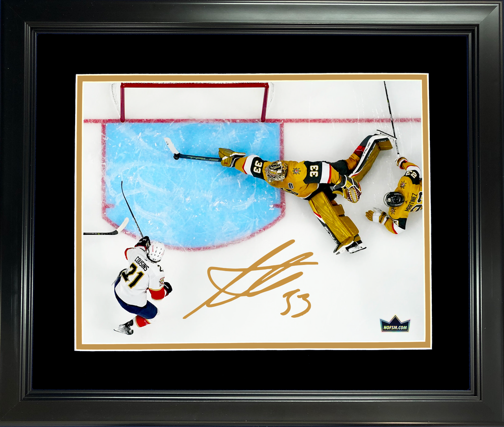 Framed Adin Hill The Save 2023 Stanley Cup Vegas Golden Knights Facsimile Laser Engraved Signature Auto 11"x14"Hockey Photo HOFSM Holo (ONLINE ORDER ONLY)