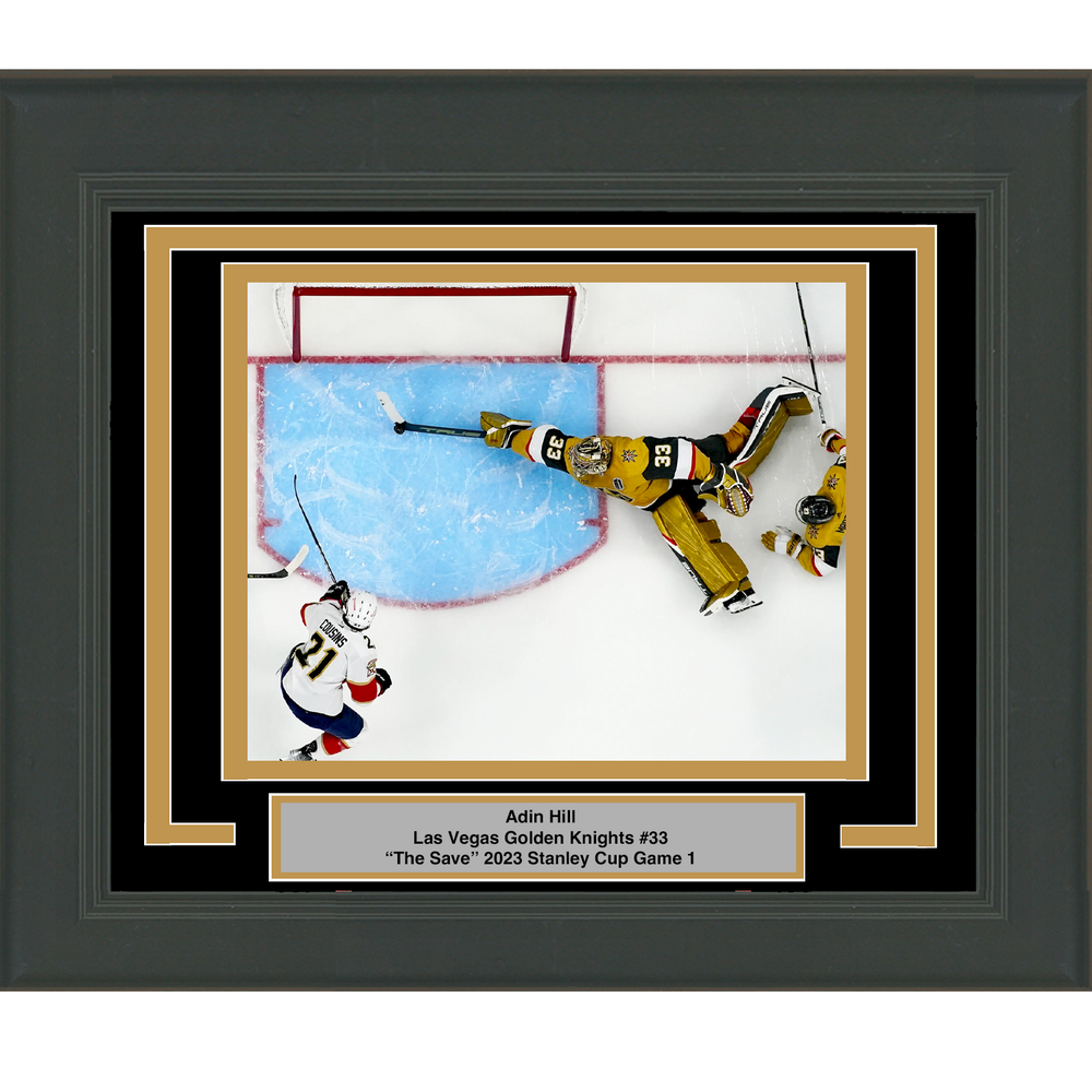 Framed Adin Hill The Save Game 1 Vegas Golden Knights 2023 Stanley Cup Champions 8x10 Hockey Photo Professionally Matted (ONLINE ORDER ONLY)