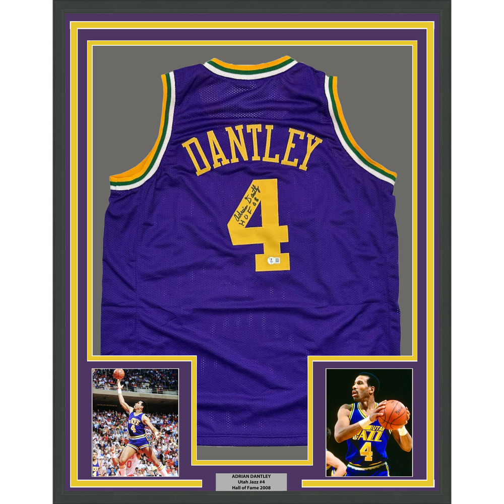 Framed Autographed/Signed Adrian Dantley 35x39 HOF 2008 Utah Purple Basketball Jersey Beckett BAS COA (ONLINE ORDER ONLY)