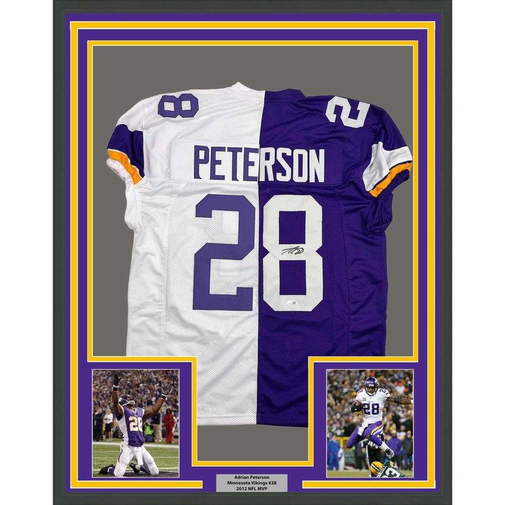 Framed Autographed/Signed Adrian Peterson 35x39 Minnesota Split Football Jersey JSA COA
