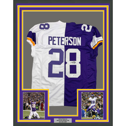 Framed Autographed/Signed Adrian Peterson 35x39 Minnesota Split Football Jersey JSA COA