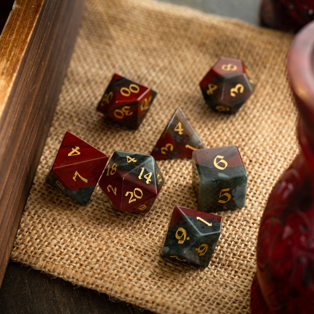 African Bloodstone Hand Carved Gemstone DND Dice Set (ONLINE ORDER ONLY)
