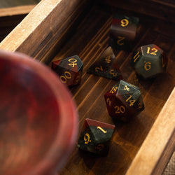 African Bloodstone Hand Carved Gemstone DND Dice Set (ONLINE ORDER ONLY)