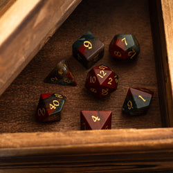 African Bloodstone Hand Carved Gemstone DND Dice Set (ONLINE ORDER ONLY)