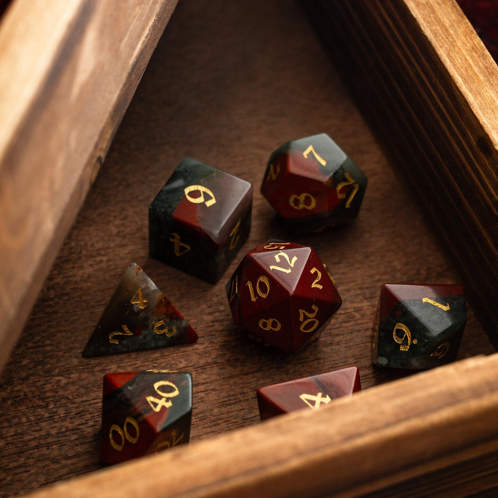 African Bloodstone Hand Carved Gemstone DND Dice Set (ONLINE ORDER ONLY)