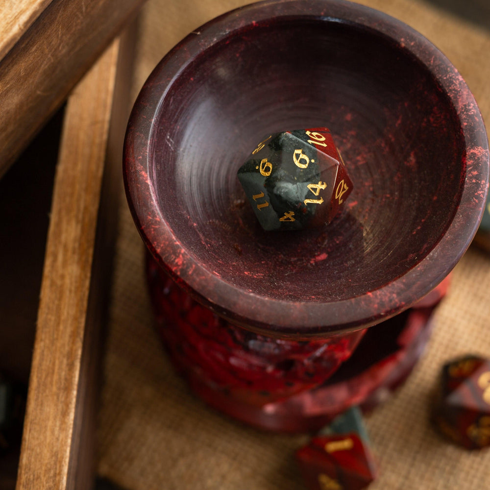 African Bloodstone Hand Carved Gemstone DND Dice Set (ONLINE ORDER ONLY)