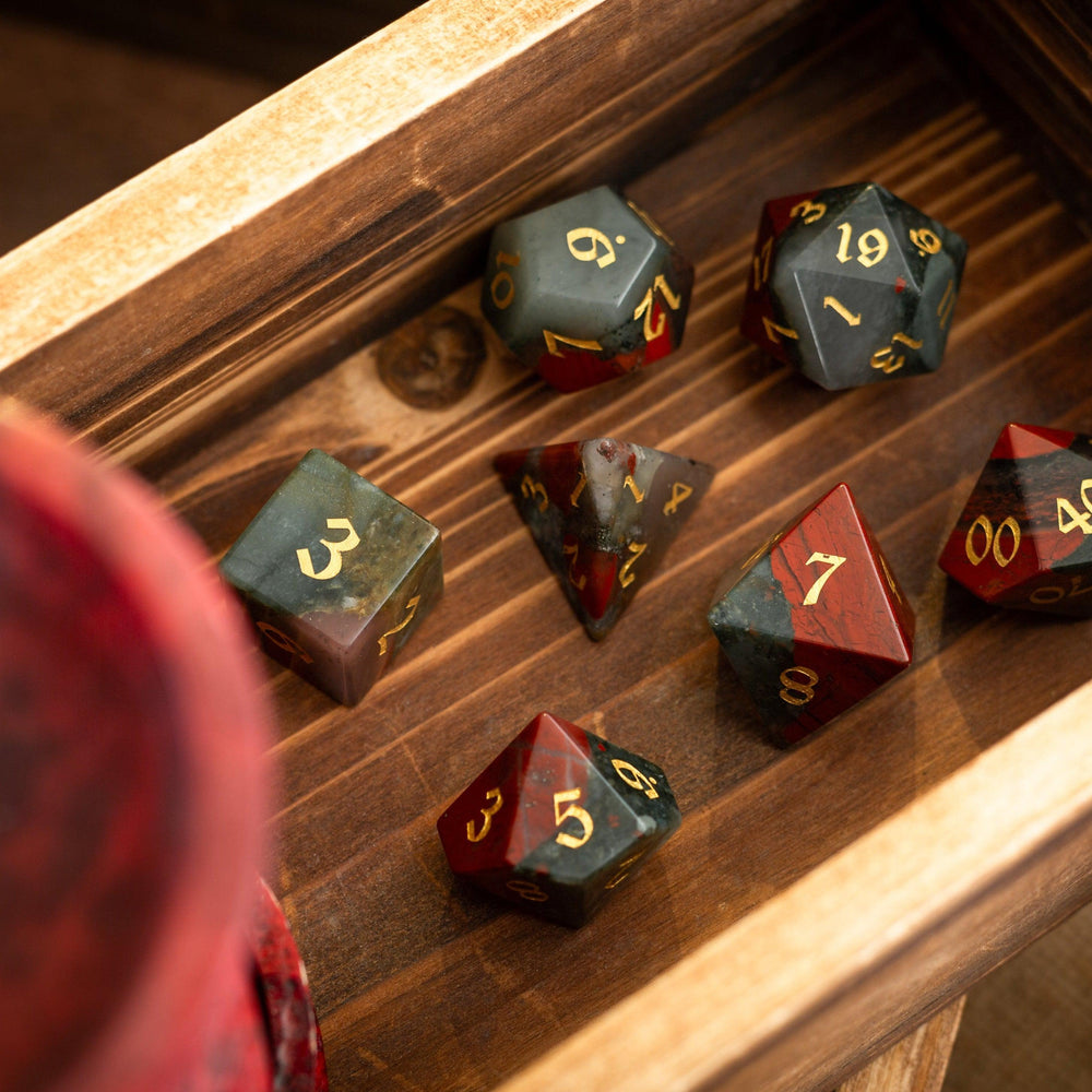 African Bloodstone Hand Carved Gemstone DND Dice Set (ONLINE ORDER ONLY)