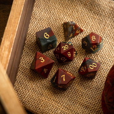 African Bloodstone Hand Carved Gemstone DND Dice Set (ONLINE ORDER ONLY)