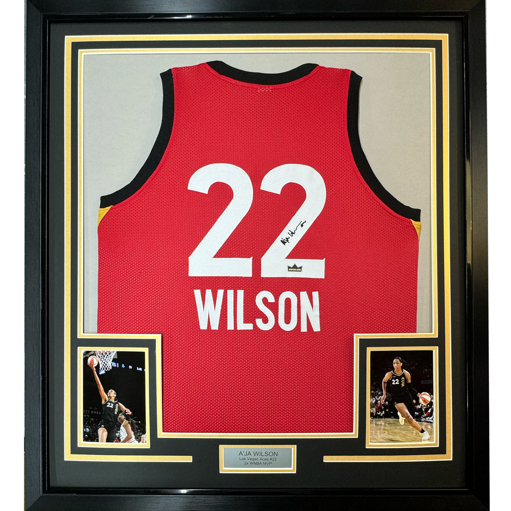 Framed Facsimile Autographed A'ja Wilson 35x39 Las Vegas Red Reprint Laser Auto Basketball Jersey (ONLINE ORDER ONLY)