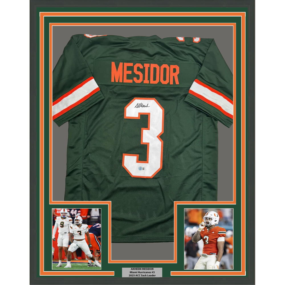 Framed Autographed/Signed Akheem Mesidor 35x39 Miami Green College Football Jersey Beckett BAS COA