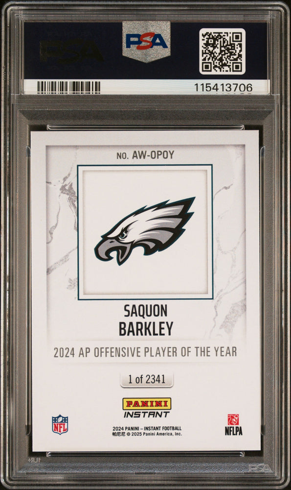 Graded 2024 Panini Instant NFL Saquon Barkley #OPOY Award Winners Football Card PSA 9 Mint (ONLINE ORDER ONLY)