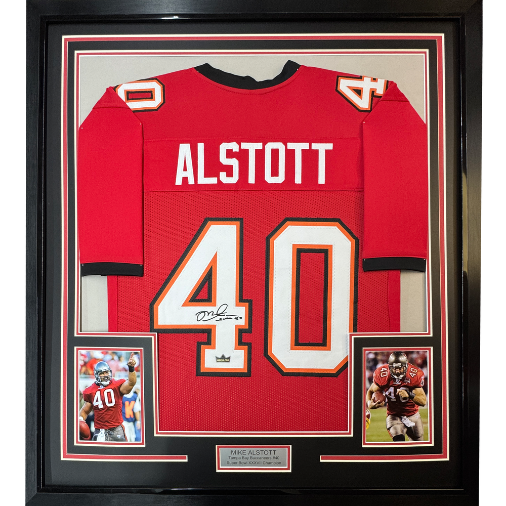 Framed Facsimile Autographed Mike Alstott 35x39 Tampa Bay Red Reprint Laser Auto Football Jersey (ONLINE ORDER ONLY)