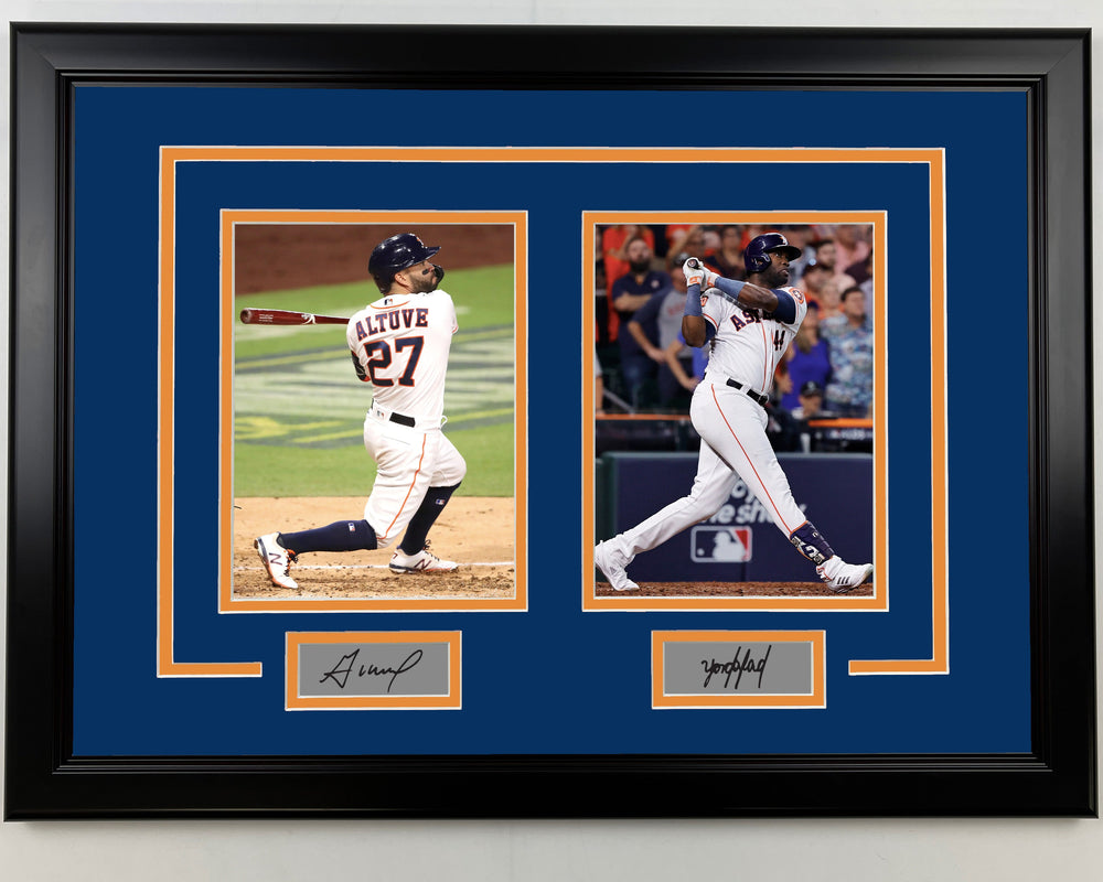 Framed Jose Altuve and Yordan Alvarez Facsimile Laser Engraved Signatures Houston Astros 17x23 Dual Baseball Photo (ONLINE ORDER ONLY)