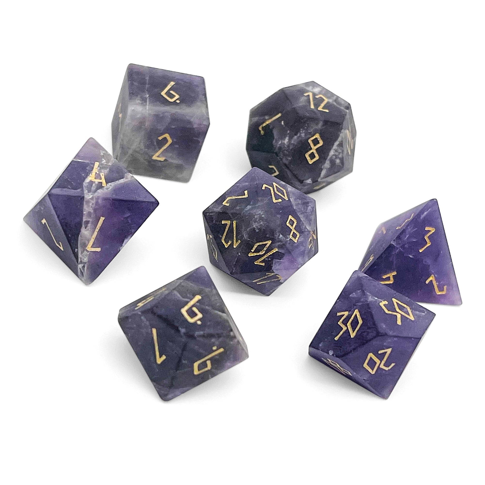 Amethyst - Frosted Gold Font 7 Piece RPG Set Gemstone Dice (Online Only)