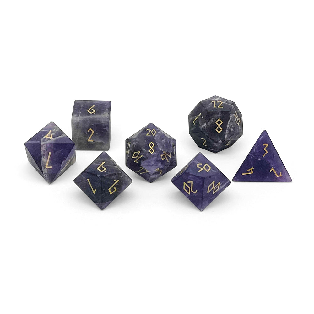 Amethyst - Frosted Gold Font 7 Piece RPG Set Gemstone Dice (Online Only)