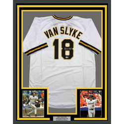 Framed Autographed/Signed Andy Van Slyke 35x39 Pittsburgh White Baseball Jersey Beckett BAS COA (ONLINE ORDER ONLY)