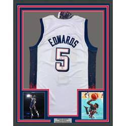 Framed Autographed/Signed Anthony Edwards 35x39 United States USA White Basketball Jersey PSA COA