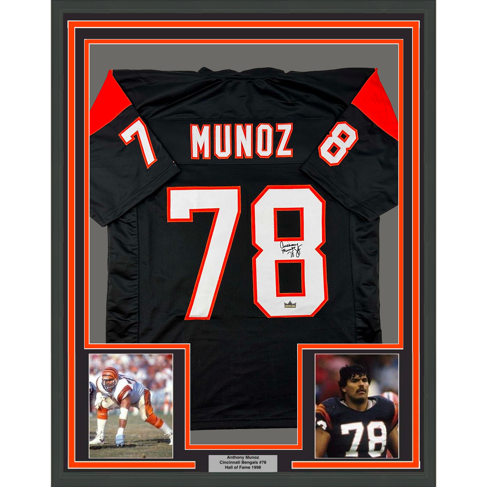 Framed Facsimile Autographed Anthony Munoz 35x39 Cincinnati Black Reprint Laser Auto Football Jersey (ONLINE ORDER ONLY)