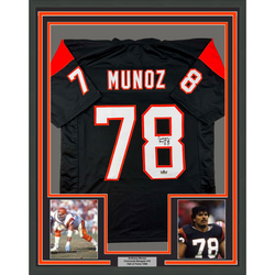 Framed Facsimile Autographed Anthony Munoz 35x39 Cincinnati Black Reprint Laser Auto Football Jersey (ONLINE ORDER ONLY)