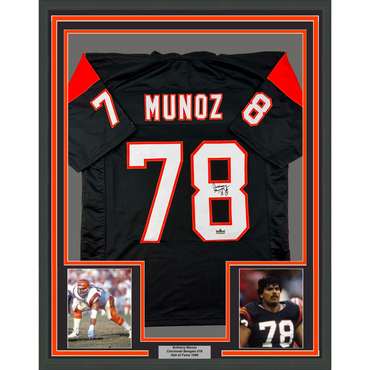 Framed Facsimile Autographed Anthony Munoz 35x39 Cincinnati Black Reprint Laser Auto Football Jersey (ONLINE ORDER ONLY)