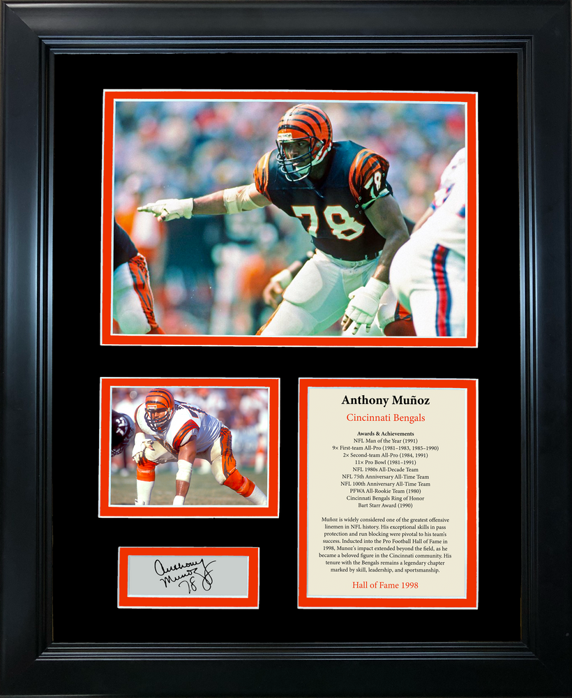 Framed Anthony Munoz Hall of Fame Facsimile Laser Engraved Signature Auto Cincinnati Bengals 11"x14"Football Photo Sig Collage (ONLINE ORDER ONLY)
