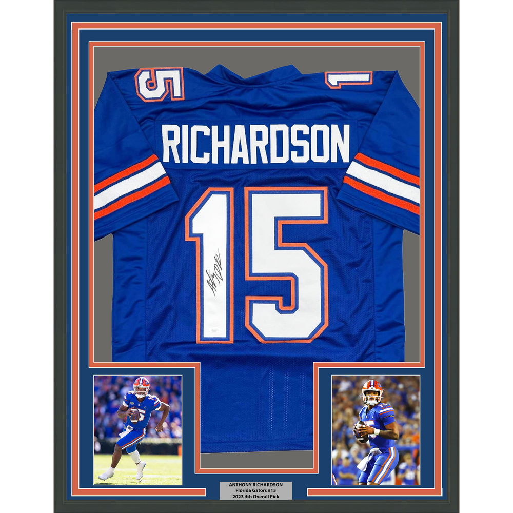 Framed Autographed/Signed Anthony Richardson 35x39 Florida Blue College Football Jersey JSA COA (ONLINE ORDER ONLY)