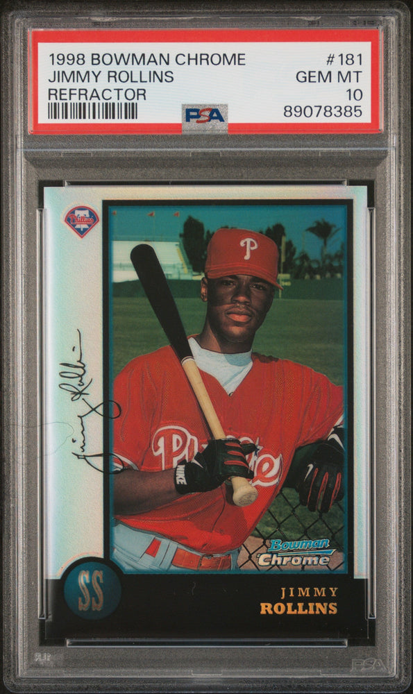 Graded 1998 Topps Bowman Chrome Jimmy Rollins #181 Refractor Rookie RC Baseball Card PSA 10 Gem Mint (ONLINE ORDER ONLY)