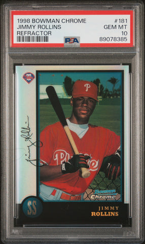 Graded 1998 Topps Bowman Chrome Jimmy Rollins #181 Refractor Rookie RC Baseball Card PSA 10 Gem Mint (ONLINE ORDER ONLY)