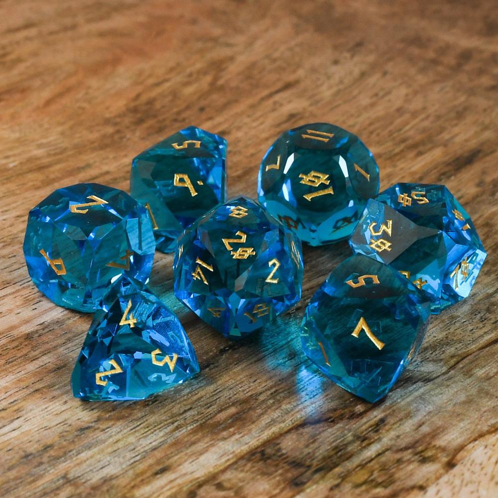 Pre-Order || Aquamarine Multifaceted Glass Dice Set