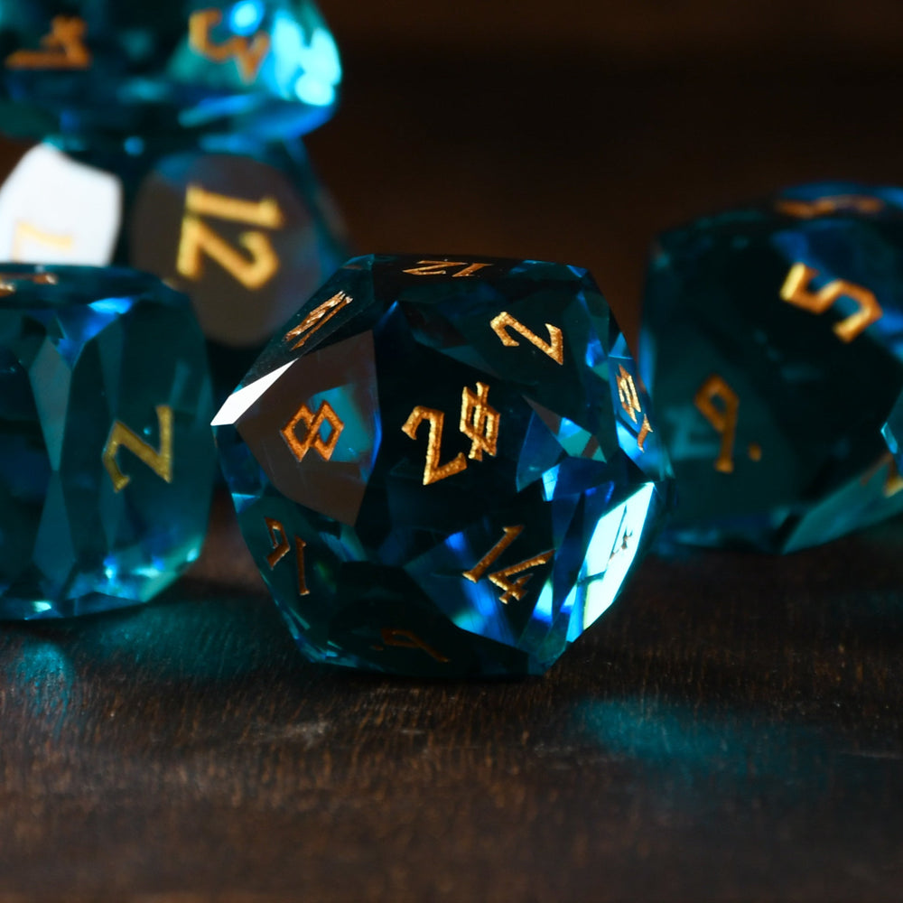 Pre-Order || Aquamarine Multifaceted Glass Dice Set