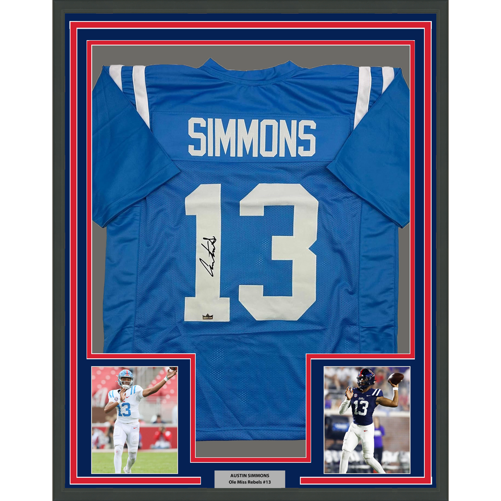 Framed Facsimile Autographed Austin Simmons 35x39 Ole Miss Blue Reprint Laser Auto College Football Jersey (ONLINE ORDER ONLY)