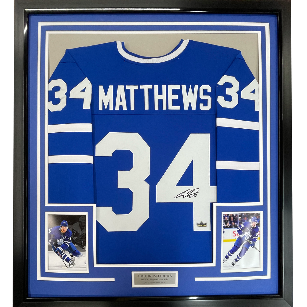Framed Facsimile Autographed Auston Matthews 35x39 Toronto Blue Reprint Laser Auto Hockey Jersey (ONLINE ORDER ONLY)
