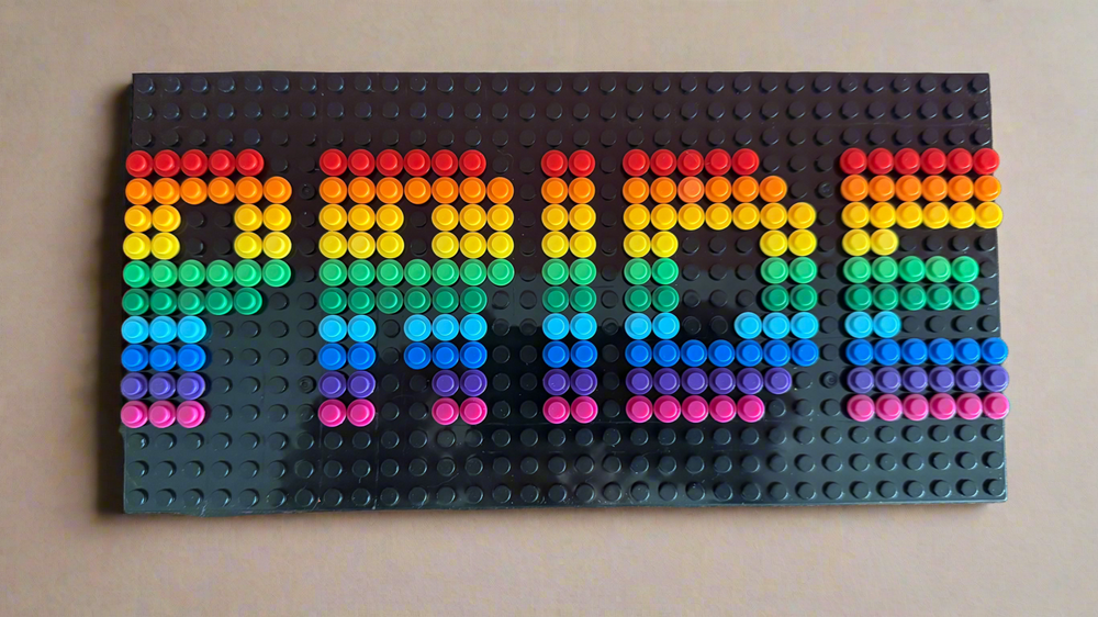 Build-It-Yourself DIY Pride Pixel Art Sign Kit – 32x16 Studs | Rainbow Mosaic on Black Base (ONLINE ORDER ONLY)