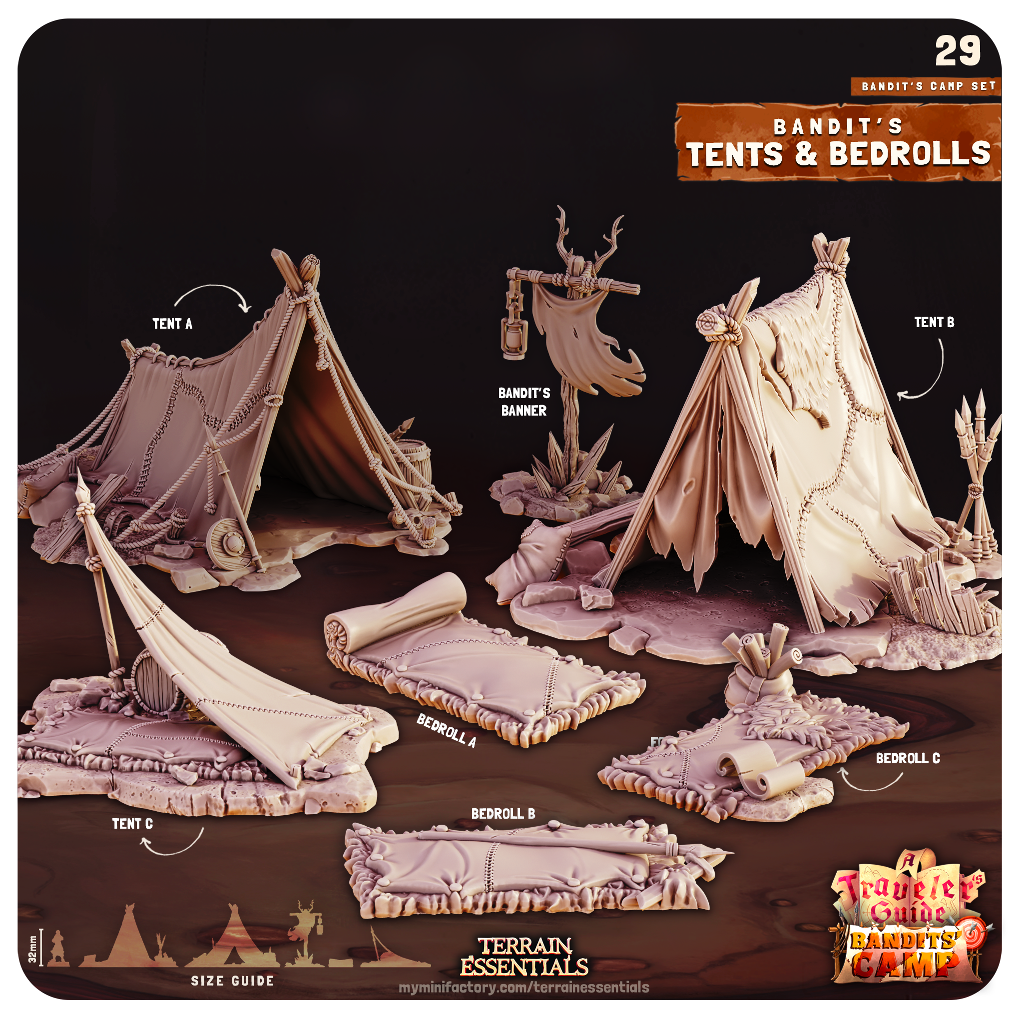 3D Printed Cast n Play Tents and Bedrolls Bandits Camp Terrain Set 28mm 32mm D&D (Online Only)