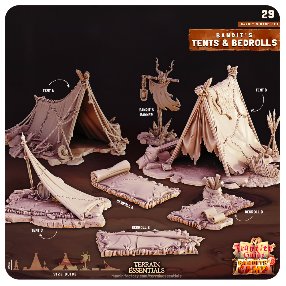3D Printed Cast n Play Tents and Bedrolls Bandits Camp Terrain Set 28mm 32mm D&D (Online Only)
