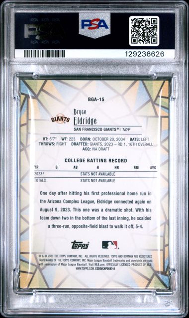 Graded 2023 Topps Bowman Draft Bryce Eldridge #BGA15 Glass Rookie RC Baseball Card PSA 10 Gem Mint (ONLINE ORDER ONLY)