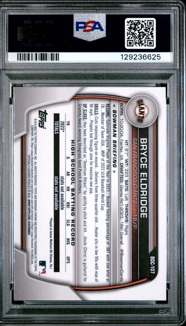 Graded 2023 Topps Bowman Draft Bryce Eldridge #BDC107 Chrome Sky Blue Refractor Rookie RC Baseball Card PSA 10 Gem Mint (ONLINE ORDER ONLY)