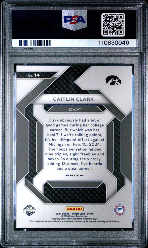 Graded 2024 Panini Prizm Draft Picks Caitlin Clark #14 New Recruits Silver Prizm Rookie RC Basketball Card PSA 10 Gem Mint (ONLINE ORDER ONLY)