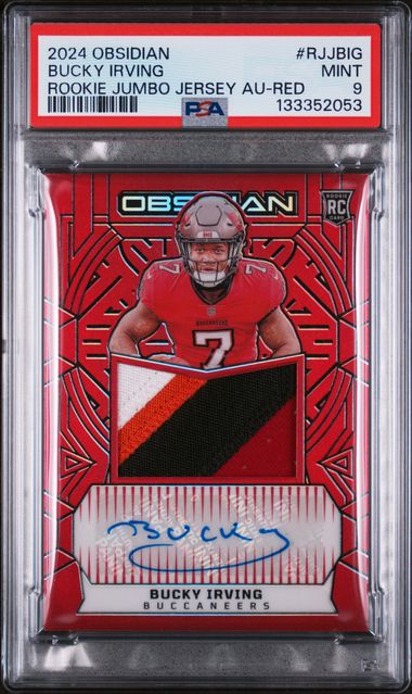 Graded 2024 Obsidian Bucky Irving #RJJBIG /75 Rookie Jumbo Jersey Red Auto Rookie RC Football Card PSA 9 Mint (ONLINE ORDER ONLY)