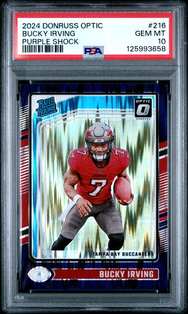 Graded 2024 Panini Donruss Optic Bucky Irving #216 Purple Shock Rookie RC Football Card PSA 10 Gem Mint (ONLINE ORDER ONLY)
