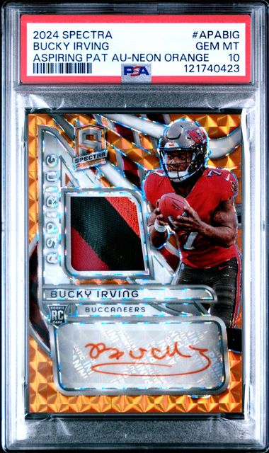 Graded 2024 Panini Spectra Bucky Irving #APABIG /15 Neon Orange RPA Rookie RC Football Card PSA 10 Gem Mint (ONLINE ORDER ONLY)