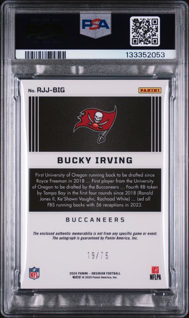 Graded 2024 Obsidian Bucky Irving #RJJBIG /75 Rookie Jumbo Jersey Red Auto Rookie RC Football Card PSA 9 Mint (ONLINE ORDER ONLY)