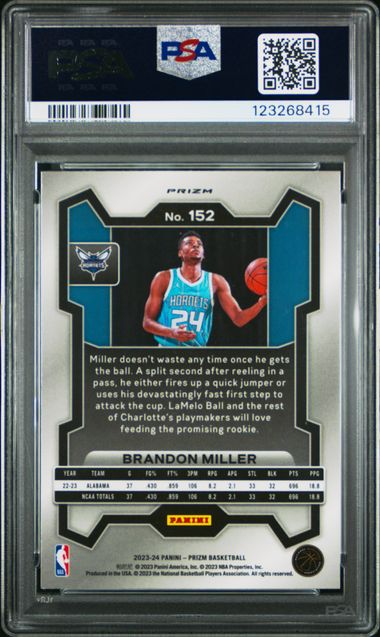 Graded 2023 Panini Prizm Brandon Miller #152 Green Prizm Rookie RC Basketball Card PSA 10 Gem Mint (ONLINE ORDER ONLY)