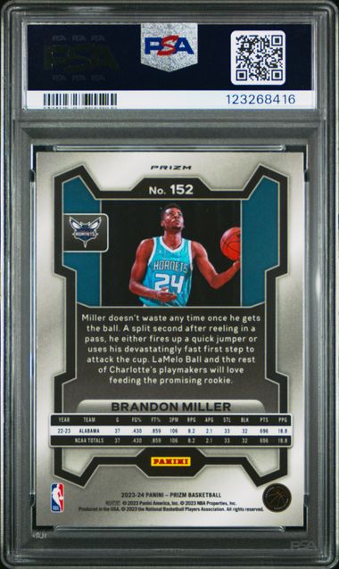 Graded 2023 Panini Prizm Brandon Miller #152 Ice Rookie RC Basketball Card PSA 10 Gem Mint (ONLINE ORDER ONLY)