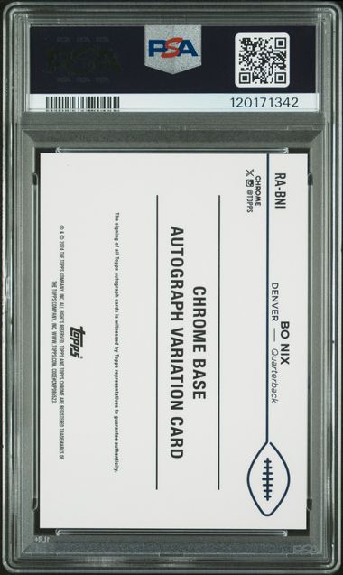 Graded 2024 Topps Chrome Bo Nix #RABNI /199 Aqua Geometric Rookie Auto Rookie RC Football Card PSA 10 Gem Mint (ONLINE ORDER ONLY)