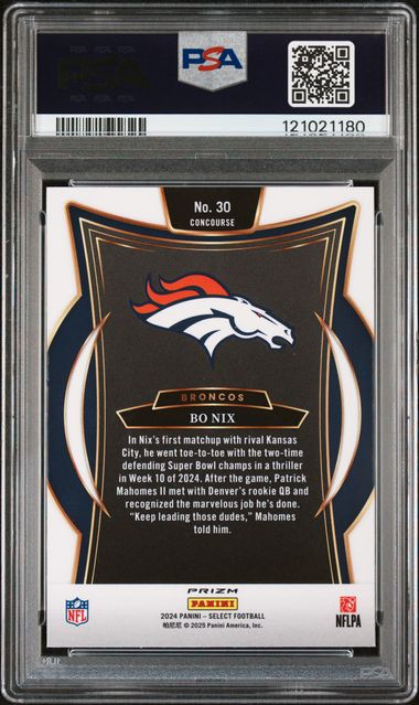 Graded 2024 Panini Select Bo Nix #30 Silver Prizm Rookie RC Football Card PSA 10 Gem Mint (ONLINE ORDER ONLY)